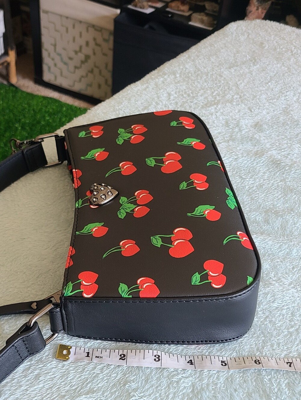 Betsey Johnson Black Cherry Print Crossbody Bag with Red Charm - Picture 10 of 14